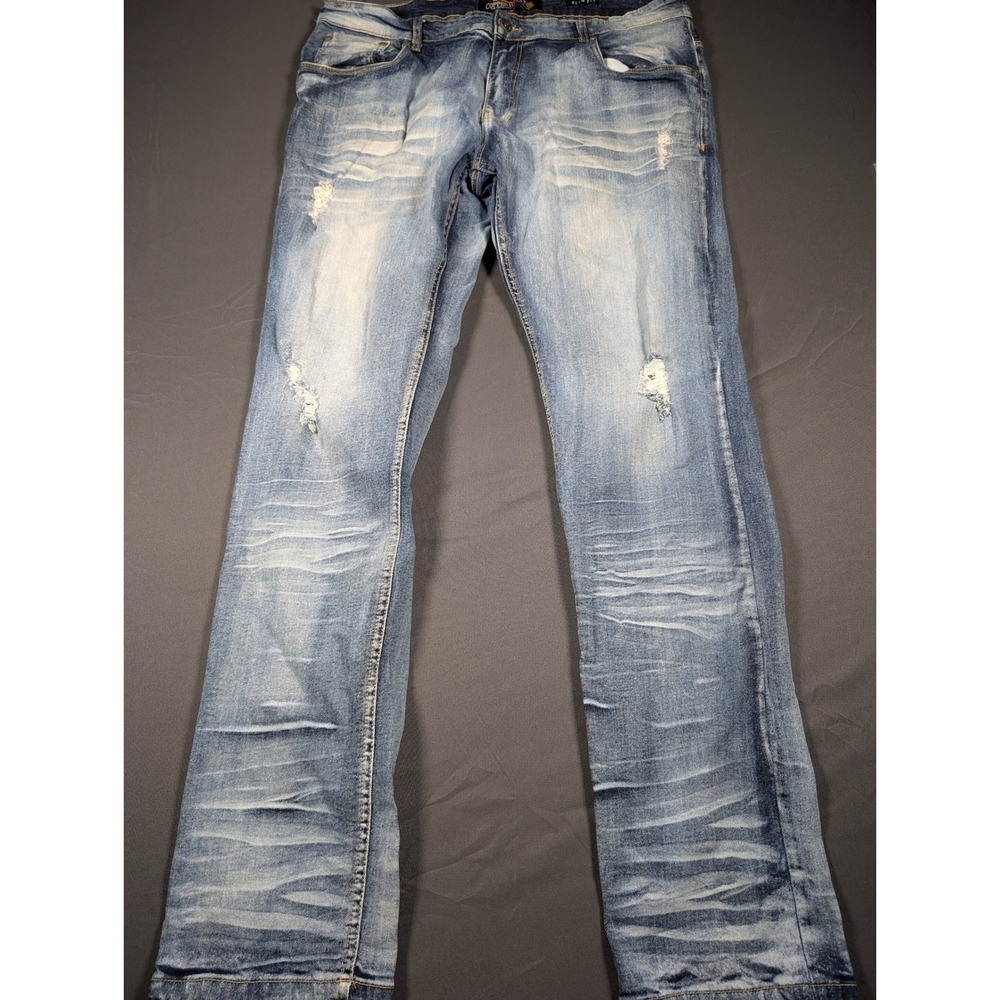 Copper Rivet Slim Fit Distressed Jeans Mens 40x34 Medium Wash Whiskered Denim